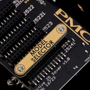 Uitbreidingskaart voor hifi-elektronica, close-up, zwarte connectoren, gouden selector, tekst "MODEL SELECTOR", witte opschriften