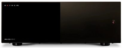 Anthem MCA 225 GEN 2 sort effektforstærker, frontvisning, slukket, med logo og rød strømknap