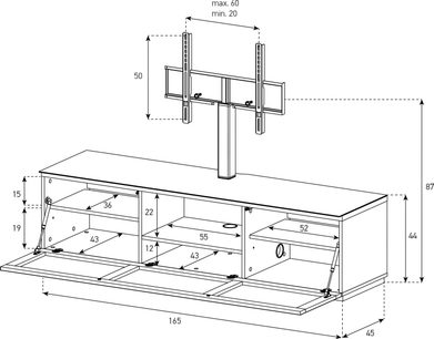 TV-møbel med vægbeslag, eksploderet visning af dimensioner i cm, struktur med rektangulære paneler, 165 x 44 x 50 cm