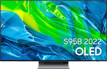 Samsung QE65S95B OLED-TV 2022, flydende abstrakt grøn gul blå skærm, smal sort ramme, rektangulært fod