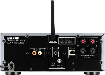 Yamaha CRX-N470 D mini hi-fi system, bagside, audio- og netværksforbindelser, FM/DAB-antenne, 6 ohm højttalere