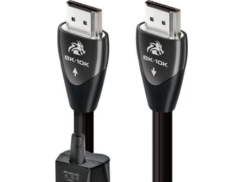 Deux câbles HDMI 8K-10K AudioQuest Dragon noirs avec connecteurs argentés, vus de face sur fond blanc