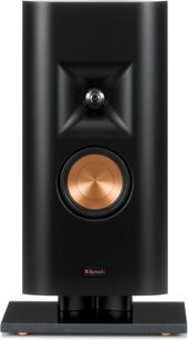 Coluna Klipsch RP-140D preta vista de frente, caixa curvada com altifalante acobreado e corneta central