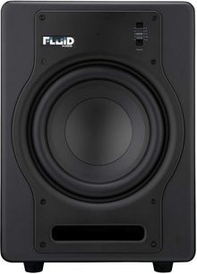 Diffusore amplificato da monitor Fluid Audio F8S nero visto frontalmente, altoparlante circolare, tweeter, logo
