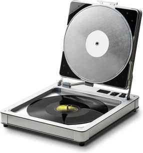 Уред за изравняване на винил Pro-Ject Flatten it, сребрист, отворен корпус с черна винилова плоча и кръгла плоча