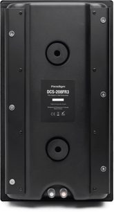 Caixa de subwoofer embutida DCS-208FR3, vista traseira vertical, superfície preta, 2 terminais de conexão, 8 parafusos visíveis, etiqueta central