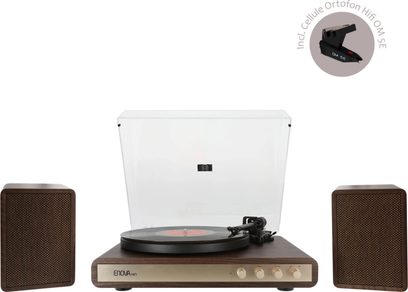 Hi-fi pladespiller Enova HIFI VELA VP2 med trækabinet, gennemsigtigt låg, sort tonearm, 4 knapper på fronten, 2 rektangulære højttalere med netgitter