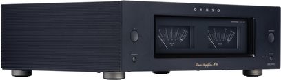Výkonový zesilovač Onkyo M-80 v černém kovovém provedení, pohled z předního tříčtvrtečního úhlu, skleněný panel se dvěma VU metry, žebrované boky