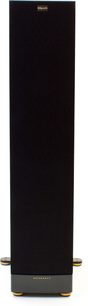 Enceinte colonne Klipsch RF-62 MkII noir, vue de face, forme rectangulaire verticale, grille noire, base et haut dorés