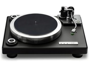 Platine vinyle EAT European Audio Team F-Dur noire, grand plateau argenté et bras de lecture à droite vue de face