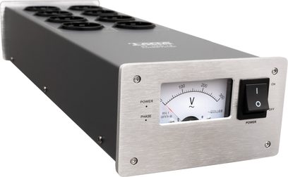Мережевий фільтр Taga Harmony PF-1000 V.2 сріблястий, вигляд спереду, 8 розеток, вимикач on/off, аналоговий вольтметр, металевий корпус