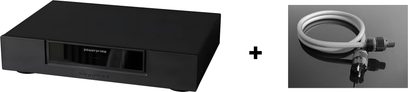 Condizionatore di rete GigaWatt PowerPrime nero e cavo di alimentazione PowerSync+ da 1,5m, vista frontale su sfondo grigio