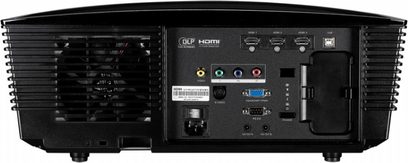 Videoprojektor Optoma HD87 černý, zadní pohled, audio/video konektory, porty HDMI a VGA, ventilační mřížky, ovládací tlačítka