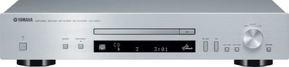 Odtwarzacz CD Yamaha CD-N301 w kolorze srebrnym, widok z przodu, cyfrowy wyświetlacz, przyciski sterujące, metalowa obudowa, 2 nóżki