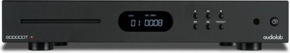 Audiolab 6000CDT yüksek sadakatli siyah CD çalar, düz ön panel, merkezde dijital ekran, solda CD yuvası, sağda düğmeler ve logo