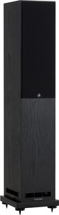 Fyne Audio F55E gulvhøjttaler i sort med træfinér, stofgrill, bundporte, spikesokkel, set i trekvart profil
