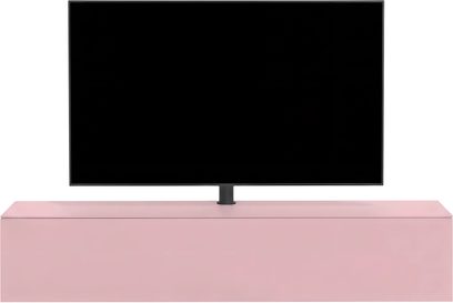 Mueble de audio y vídeo Spectral Core 40 rosa, con frontal liso y líneas depuradas, con televisor sobre soporte central negro