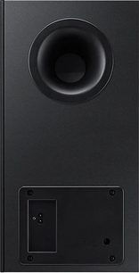 Samsung HW-K950 sort baskabin, set forfra, cylindrisk form med central rund højttaler og knapper forneden