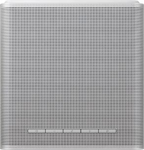 Bílý připojený reproduktor Samsung HW-LS71H s perforovaným čelním panelem, pohled zepředu s ovládacími prvky dole