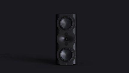Enceinte noire rectangulaire verticale avec 2 grands haut-parleurs circulaires, 1 tweeter central et 2 petits haut-parleurs