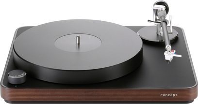 Hi-fi pladespiller ClearAudio Pack Concept Jubilee mørkt træ, set forfra, sort pladetallerken, sølvfarvet tonearm, hastighedsjusteringsknap