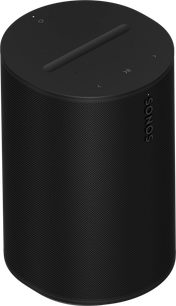 Matte black cylindrical Sonos Era 100 speaker, honeycomb grille, buttons on top, sleek design