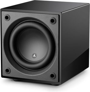 JL Audio Dominion D108 svart lakkert bassreflekskabinett, forfra, kubisk form, sentralt rundt svart høyttalerelement