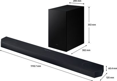 Samsung HW-Q710D sort soundbar med subwoofer, set ovenfra med dimensioner i millimeter