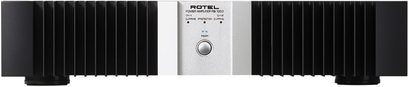 Rotel RB-1050 stereoeffektforstærker set forfra, sort chassis, børstet aluminiumsfront, lydstyrkeknap