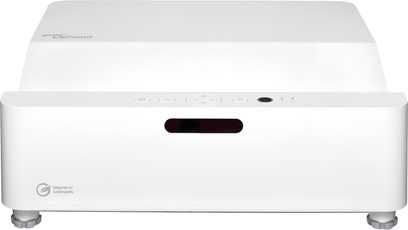 Optoma GT3500HDR beyaz videoprojektör, ön görünüm, merkezi objektif ve sağ altta kızılötesi sensör ile