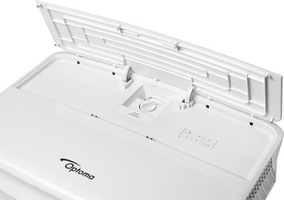 Optoma UHZ65LV hvid videoprojektor, set ovenfra med ventilationsgitteret og kontrolknapperne