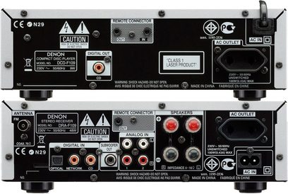 Denon D-F109C sort hi-fi minianlæg, set forfra, frontpaneler med tilslutninger, knapper og displays