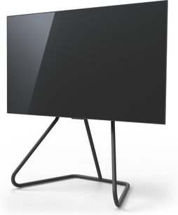 Fladskinne-TV-møbel i mat sort med sorte metalben, flad skærm, rent og moderne design