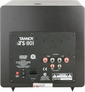 Tannoy TS801 sort subwoofer, bagside der viser stik og justeringer såsom indgange, udgange og lydstyrke