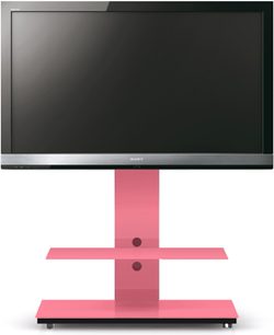 Spectral Tray PX601 sort TV-møbel med flad skærm, pink glasshylde eller plexiglas, på sort metalfod
