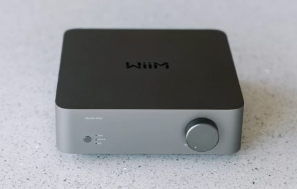 Scatola rettangolare grigia con parte superiore nera, pulsante circolare a destra, testo "Wiim" sulla parte superiore e "Vibelink Amp" in basso a sinistra