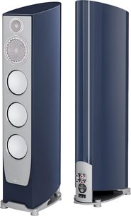 Paradigm Persona 5F zuil-luidspreker in nachtblauw hoogglans met zilverkleurig aluminium front, drie woofers en een ronde mid-tweeter met concentrisch rooster, metalen voet, dubbele weergave voor- en achteraanzicht