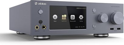 Zidoo NEO X mørkegrå multimedie-afspiller, set forfra, med LCD-skærm, knapper og audio/video-stik på bagsiden