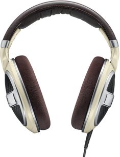 Sennheiser HD-599 beige og brun hovedtelefoner, brun polstret hovedbøjle, ovale beige ørepuder, sort gitter på siderne