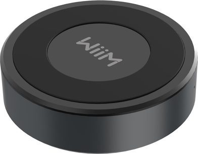 WiiM Mini võrguaudio mängija must ümar perspektiivist vaates, kompaktne korpus WiiM logoga ülaosa keskel