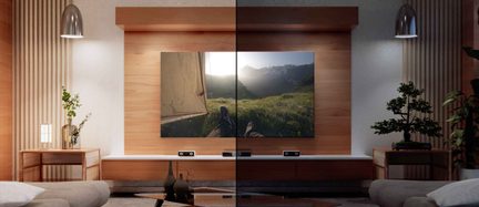 Un televisore a parete diviso in due parti, circondato da mobili in legno, piante, lampade sospese e oggetti decorativi.