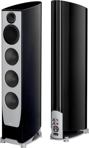 Paradigm Persona 5F zuilspeakers, gebogen hoogglans zwarte behuizing en metallic grijze voorzijde met vier ronde luidsprekers, grijze metalen voetjes, driekwart voor- en achteraanzicht