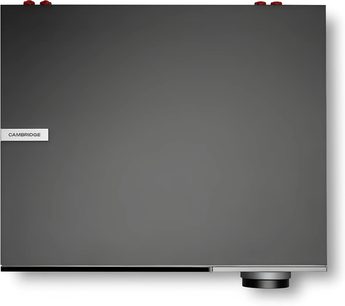 Amplificatore integrato stereo Cambridge Audio Evo 300 grigio antracite, vista dall'alto con ampia manopola in basso a destra