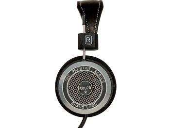 Otevřená hifi sluchátka Grado SR325x, pohled zepředu, kulatá kovová mřížka, černý kožený hlavový most, stříbrné měniče, černé logo "R"