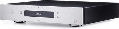 Primare I15 sølv stereo hi-fi-forstærker, front, digitalt display, drejeknap, børstet aluminiumskabinet