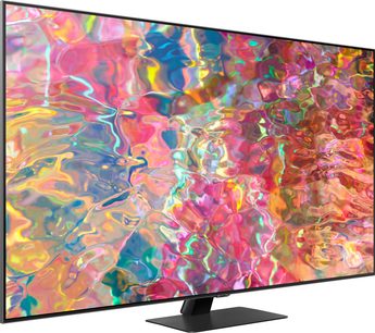 Samsung QE75Q80B 2022 75" TV som viser et abstrakt fargebilde i toner av rosa, gul, blå og grønn