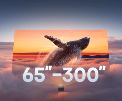 Image of a whale jumping out of the water at sunset, text "65''-300''", projector at the bottom center
