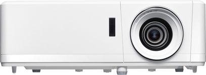Projetor Optoma UHZ45 branco, vista frontal, lente central preta, grelha do alto-falante à direita