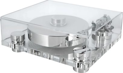 Transrotor Bellini RB330 hi-fi pladespiller set fra trekvart forfra, chassis og låg i transparent akryl, massivt pladetallerken og cylindriske fødder i poleret sølvmetal, tonearmen placeret til højre