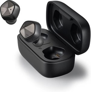 Auricolari neri wireless Astell&Kern AK UW100, custodia di ricarica ovale, inserti in silicone grigi